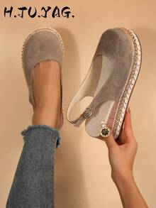 Bohemian Woven Closed-Toe Sandals For Women, Vintage Rivet Hemp Rope Thick Sole Back Strap Casual Beach Shoes - Khaki - View 2