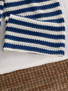 Autumn/Winter Baby Girl Blue Striped Outfit & Spring/Autumn New Round Neck Loose Top & Wide Leg Pants 2-Piece Set, Stylish Versatile Casual Outfit For - Blue - View 3