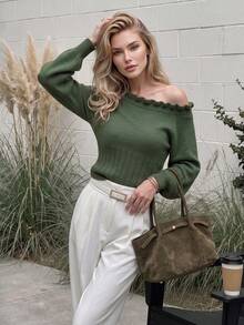 Women Autumn Off Shoulder Ruffle Knit Sweater Long Sleeve Ribbed Slim Knit Top Fall Outfits For Women Clothes - Green - View 1