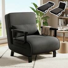 Single Convertible Sofa Bed With Armrest,5‑Position Adjustable Backrest,Iron Frame Folding Sleeper Chair With Pillow,Multi‑Purpose Lounge Couch For Small Apartment Living Room Guest Room,Dark Grey Linen Fabric - Black - View 1