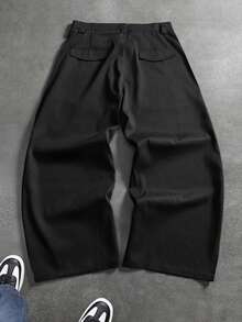 Black 3D Segmented Wide Leg Casual Pants, Curved Stitching Loose Straight Leg American Style Long Pants For Men - Black - View 4