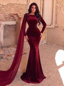 Side Draped Fishtail Hem Velvet Formal Gown - Burgundy - View 7