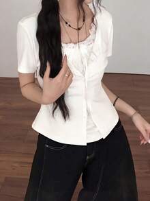 Women's Lace Patchwork Casual Versatile Daily Wear Short Sleeve T-Shirt White Summer - White - View 6