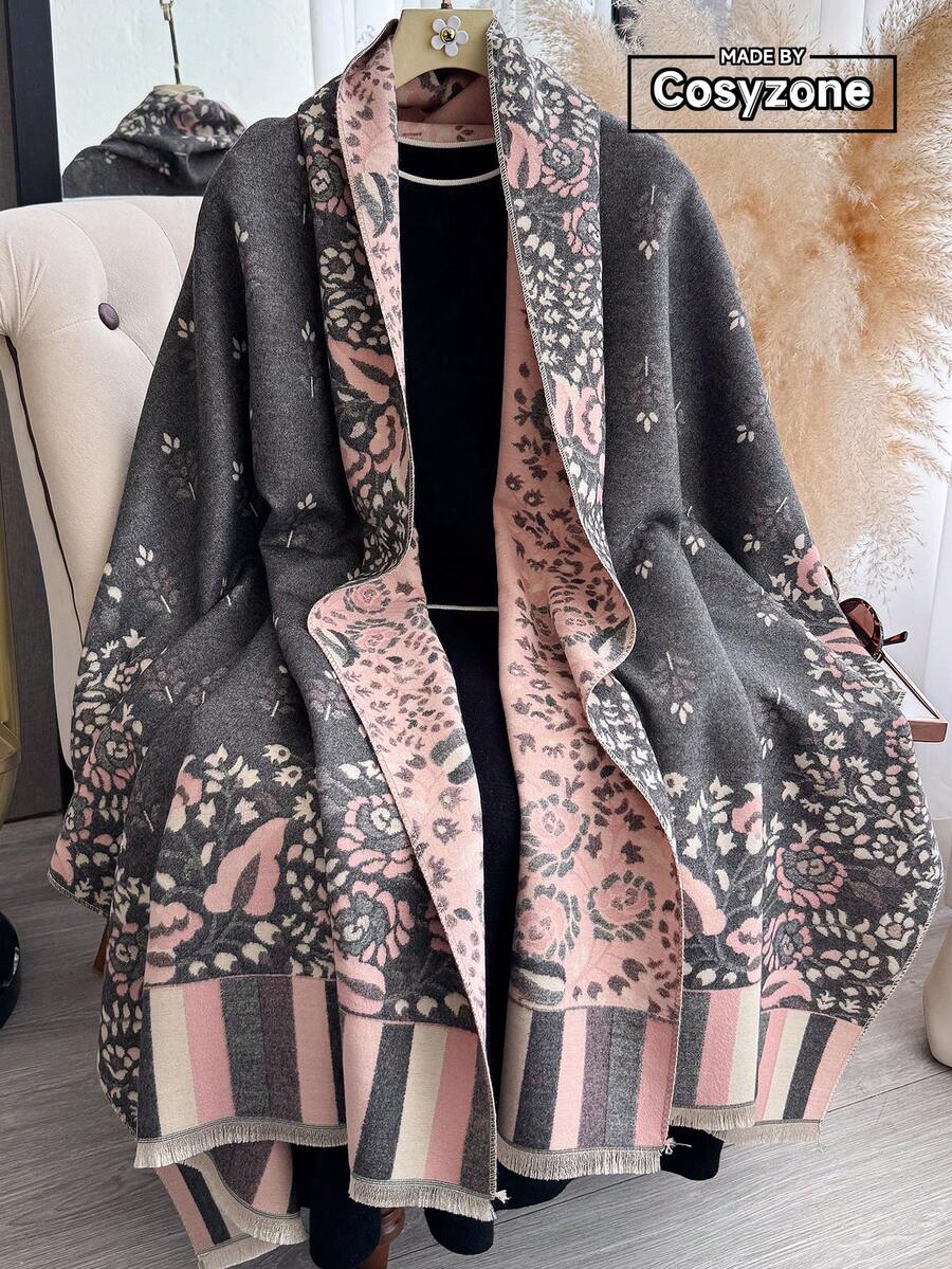 1pc Faux Cashmere Elegant Floral Pattern Jacquard Warm Scarf For Women, Air Conditioning Room Blanket, Autumn/Winter Outdoor Travel Cold Protection Neck Warmer, Soft Decorative Scarf Shawl Dual-Use, Suitable For Daily Matching, First Choice For Gift - Grey - View 1