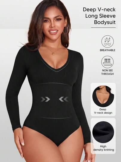 Women's Deep V-Neck Long Sleeve Shaping Bodysuit