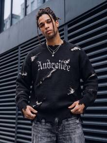 ANDREILEE 男士萬聖節毛衣，時尚休閒百搭日常通勤居家穿著，做舊流蘇字母圓領長袖寬鬆羅紋套頭衫，秋冬款 - 黑色 - 查看 2