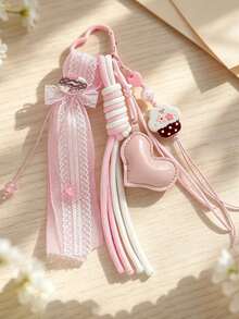 Korean Style Pink Cake Heart Bag Charm, Lace Ribbon Braided Rope Keychain, Cute Girly Bag Pendant - Multicolor - View 1