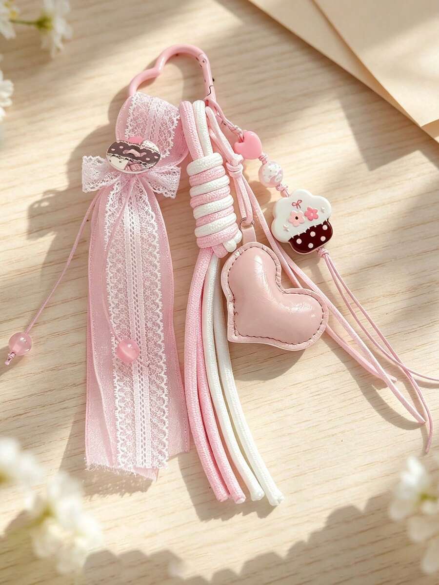 Korean Style Pink Cake Heart Bag Charm, Lace Ribbon Braided Rope Keychain, Cute Girly Bag Pendant - Multicolor - View 1