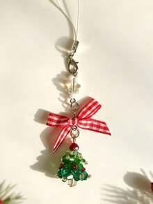 New Christmas Tree Phone Lanyard Crystal Beads Red Plaid Bow Keychain Christmas Gift Bag Charm - Multicolor - View 12