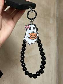 Halloween Black Cat & Pumpkin Phone Charm Strap, Cute Spooky Ghost Beaded Phone Lanyard, Gothic Black Wristlet - Multicolor - View 5