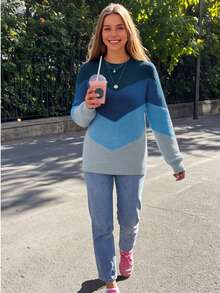 NZZOF Colorblock V-Shaped Pattern Crew Neck Drop Shoulder Sweater - Multicolor - View 5