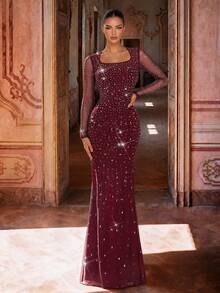 QOQ Women's Long Sleeve Mesh Rhinestone Formal Evening Gown, Square Neck Bodycon Mermaid Prom Dress, Elegant Cocktail Wedding Guest Party Maxi Dresses - Burgundy - View 3
