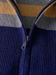 Boys Toddler College Style Colorblock Striped Hooded Knit Cardigan Sweater Jacket Long Sleeve Suitable For School Daily Wear Spring Autumn Winter - Apricot - View 9