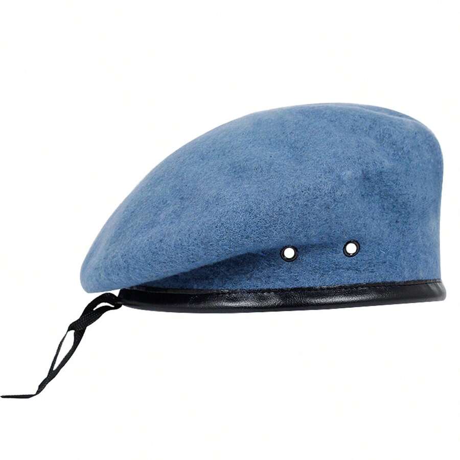 1pc Men's Wool Beret Military Hat, Adjustable Sun Protection Casual Hat, Suitable For Autumn/Winter - Sky Blue - View 1