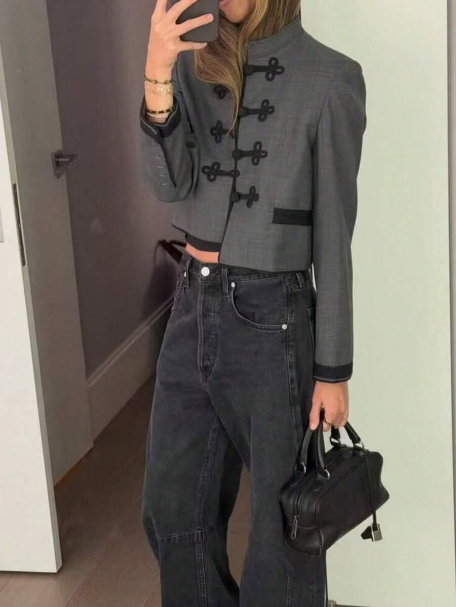 Women's Military Style Long Sleeve Short Jacket, Black Stand Collar Polyester Jacket With Woven Details, Suitable For Autumn/Winter Wear Fall - Dark Grey - View 1