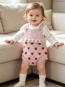 Romper Rajut Bayi Perempuan Motif Hati Merah Muda dengan Hiasan Rumbai dan Ruffle - Baby Pink - View 3