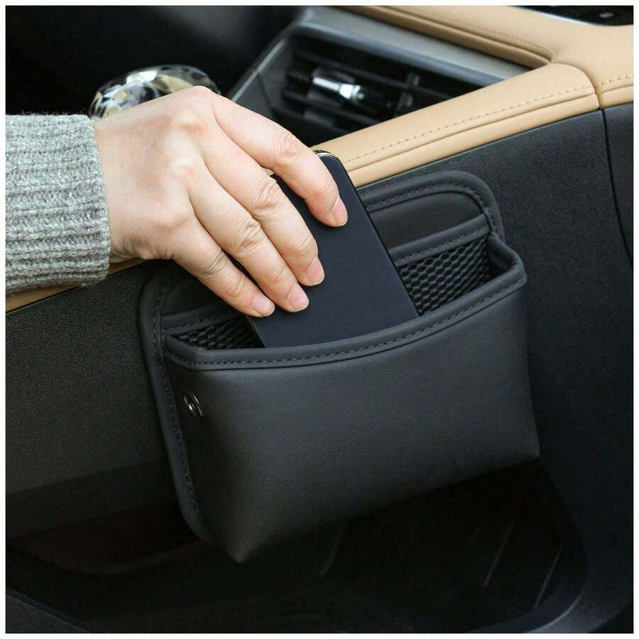 Car Seat Side Storage Bag, Small Organizer, PU Leather Multi-Function Center Console Side Storage Pouch, Car Seat Side Organizer, 7.28x6.10 Inch Waterproof Car Storage Bag, Durable Non-Slip Car Interior Accessory, Suitable For Most Cars, SUVs, Trucks - A - View 1