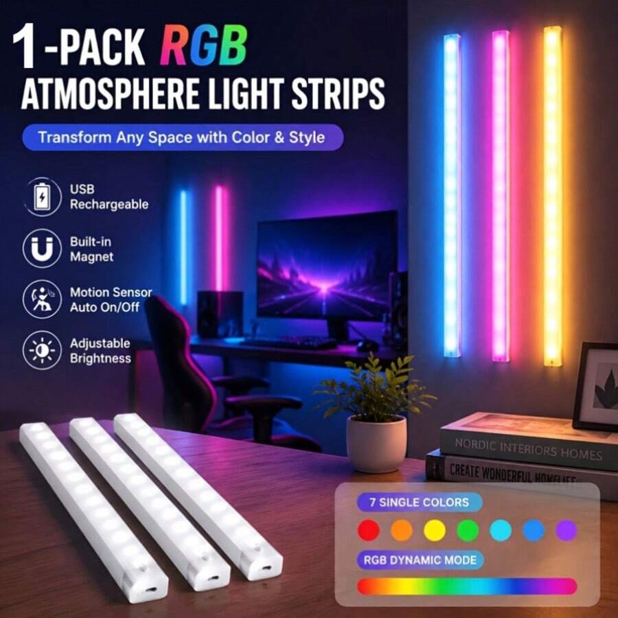 1pc RGB Motion Sensor LED Light Strip, Magnetic Rechargeable Under Cabinet Light, Wireless Adhesive Dimmable Night Light, USB Charging, Suitable For RV Interior Lighting, Camping Car, Trailer, Motorhome, Van, Closet, Kitchen, Shelf