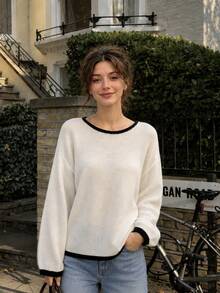 Women's Fall Winter White Knit Top Boat Neck Long Sleeve Drop Shoulder Semi-Sheer Sweater For Daily Wear - White - View 2