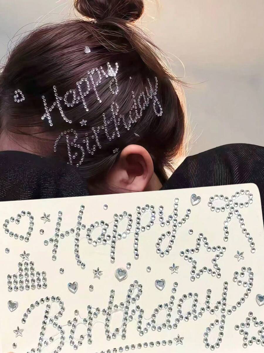 1pc Transparent White Happy Birthday Rhinestone Hair Accessory, Y2K Hair Decoration, Suitable For Electronic Music Festival, Music Festival, Cosplay, Party, Holiday And Other Occasions - White - View 1