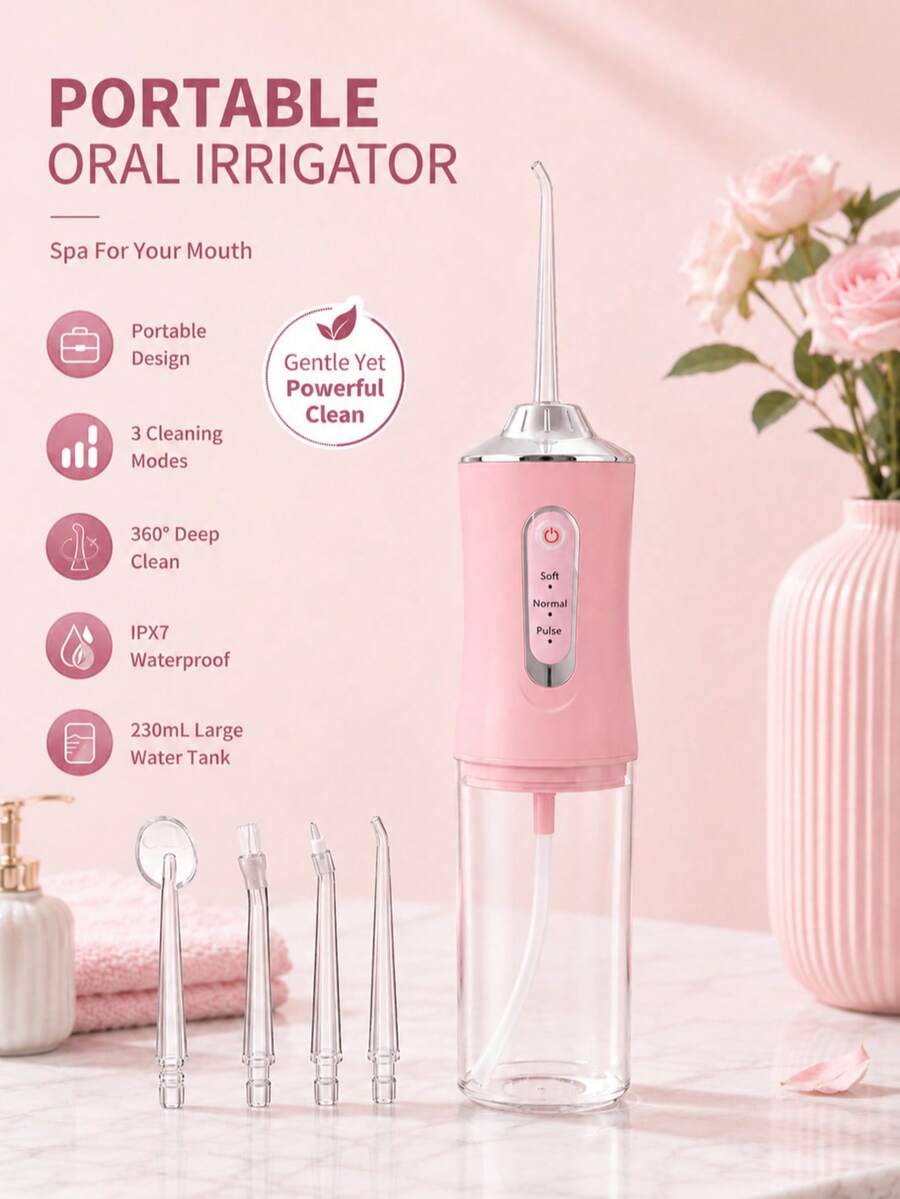 Fio Dental Elétrico, Irrigador Oral Portátil com 3 Modos e 4 Bicos, Escova de Dentes com Bateria Recarregável USB Sem Fio de 800mAh, Adequado para Viagem, Casa, Aparelhos e Cuidados Dentários, Perfeito como Presente de Feriado