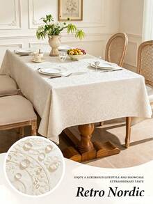 1pc Pearlescent Jacquard Tablecloth, Floral Jacquard Pattern Tablecloth, Multiple Sizes Available, Suitable For Living Room, Dining Room, Home Decor And Room Decoration, Perfect For Holiday Party Decor Or Dining Table Decoration - Off-white - View 9