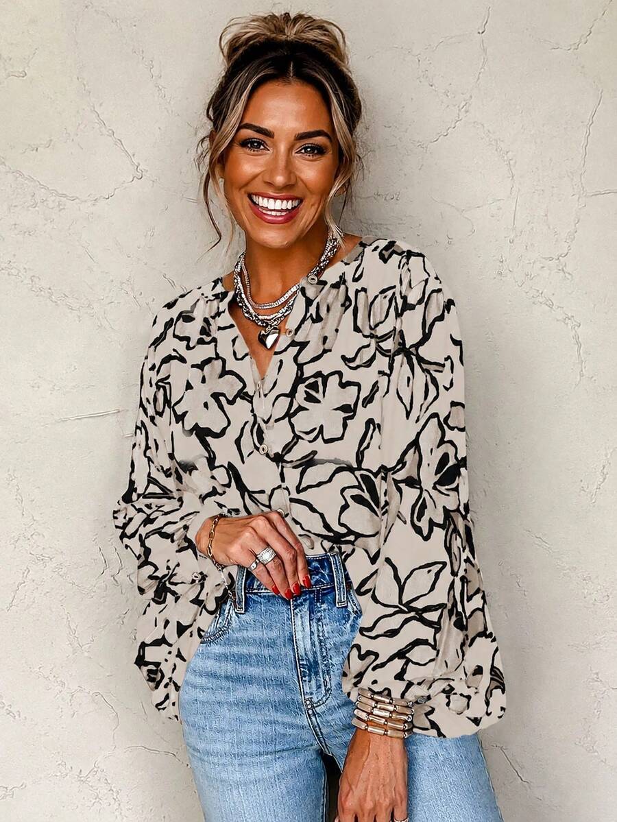 Acelitt Apricot Floral Print Batwing Sleeve Button Up Loose Blouse Vacation - Apricot - View 1