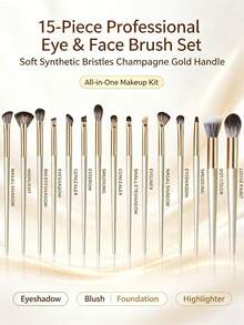 15pcs Full Set Champagne Gold Handle Makeup Brushes, Eyeshadow Concealer Blush Highlighter Contour Brushes - Multicolor - View 1