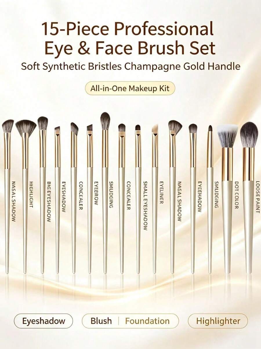15pcs Full Set Champagne Gold Handle Makeup Brushes, Eyeshadow Concealer Blush Highlighter Contour Brushes - Multicolor - View 1