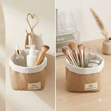 1 Set Jute Foldable Storage Basket, Multi-Functional Desktop Organizer For Cosmetics, Stationery, Home Office, Dorm Decor, Bedroom, Living Room, Perfect Gift, Portable Space-Saving Container For Organization - Multicolor - View 5