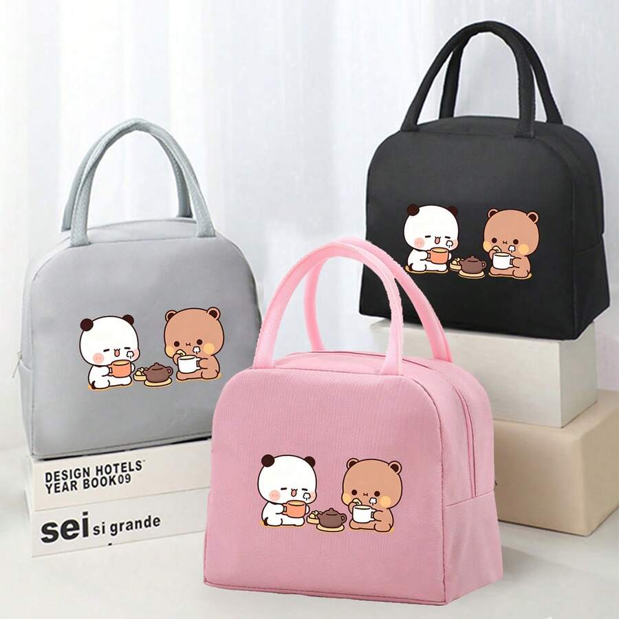 1 Pc, Creative Panda And Bear Pattern Printed Insulated Bento Bag, Large Capacity Handheld Lunch Box Bag, Suitable For Office Workers And Travel - one-size - View 1