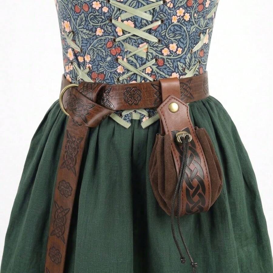 2pcs Medieval Viking Belt With Pouch, Retro Embossed Design, Ring Buckle, Ren Faire Accessories - A - View 1