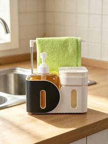 1pc Black‑White Contrast Kitchen Sink Caddy, Modern Plastic Rounded Rectangular With Soap Dispenser & Towel Rack, Multi‑Compartment Storage Soap Dispenser Box Kitchen Organizer, For Kitchen Countertop Sink Area Daily Use All‑Season Household Supply - Multicolor - View 14
