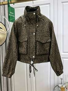 European & American Hot-Selling Women's Fashion Commuter Versatile Daily Outing Leopard Print Zipper Stand Collar Short Jacket Coat Suitable For Spring Autumn Winter - Army Green - View 3