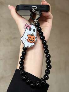 Halloween Black Cat & Pumpkin Phone Charm Strap, Cute Spooky Ghost Beaded Phone Lanyard, Gothic Black Wristlet - Multicolor - View 2