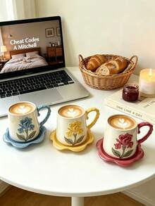 1 Set 350ml Iris Pattern Ceramic Coffee Cup & Saucer, Microwave And Dishwasher ; Mug; Arabic Coffee Cup; Saudi Coffee Cup. Suitable For Afternoon Tea, Cafe And Kitchen Use - Perfect Gift. - Multicolor - View 1
