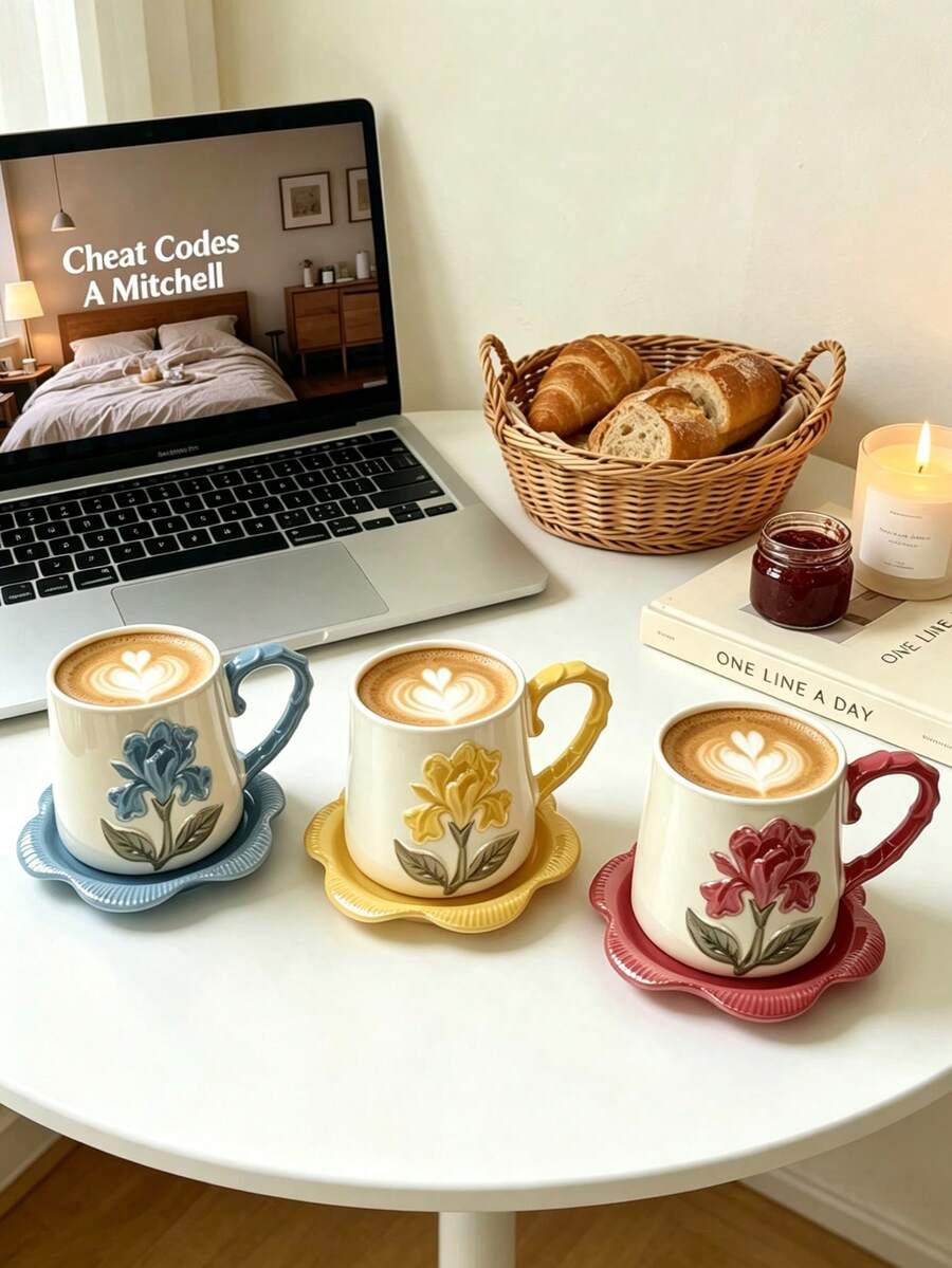 1 Set 350ml Iris Pattern Ceramic Coffee Cup & Saucer, Microwave And Dishwasher ; Mug; Arabic Coffee Cup; Saudi Coffee Cup. Suitable For Afternoon Tea, Cafe And Kitchen Use - Perfect Gift. - Multicolor - View 1