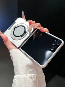 Shockproof Magnetic 360° Rotating Stand Phone Case, Compatible With Samsung Galaxy Z Flip8 ZFlip7 Z Flip 6 5G, With Ring Holder, Anti-Drop Hard Shell Protective Cover, Wrist Strap - Silver - View 3