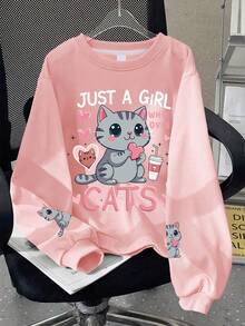 Tween Girl Casual Sweet Cute Cat Print Crew Neck Sweatshirt & Printed Wide Leg Pants 2pcs Set, Suitable For Spring/Autumn Wear, School, Shopping And Sports Occasions. - Pink - View 4