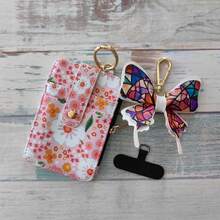 1. Silicone Beaded Wristband Phone Lanyard, Paired With Ditsy Floral PU Card Holder, Equipped With Phone Attachment And Metal Hook, Snap Button Multi-Slot Design With Zipper Coin Purse, Combines ID Card Holder And Portable Card Wallet, Can Be Used As Bag Charm, Convenient Storage For Small Items, Suitable For Campus And Commuting Use. - Multicolor - View 18