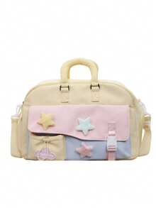 1 buah Tas Duffle Blok Warna Kawaii, Dekorasi Bintang Berbulu, Tas Perjalanan Kapasitas Besar, Tas Tangan & Tas Selempang dengan Tali yang Dapat Diatur untuk Sekolah dan Gym - MultiWarna - View 12