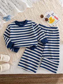 Autumn/Winter Baby Girl Blue Striped Outfit & Spring/Autumn New Round Neck Loose Top & Wide Leg Pants 2-Piece Set, Stylish Versatile Casual Outfit For - Blue - View 1