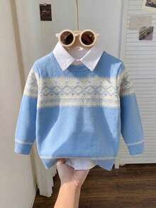Sweater Rajut Lengan Panjang Motif Kotak-kotak Jacquard Warna Blok untuk Anak Laki-laki, Kerah Bulat, Musim Gugur dan Musim Dingin - Biru - View 4