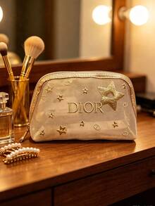 Dior Beige Cosmetic Pouch With Golden Star Embroidery And Dior Logo, Portable And Durable, Travel‑Friendly Makeup Storage Bag, For Personal Use And Gift Giving, DIOR‑GIFT‑199 - Champagne - View 9