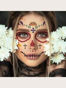 4 Sheets Day Of The Dead Sugar Skull Face Temporary Tattoo Stickers, Colorful Floral Skull Design, Waterproof Fake Face Decals For Halloween Carnival Cosplay Party Makeup - Multicolor - View 3