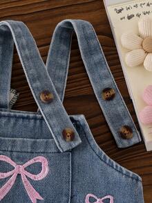 Baby Girl Soft & Cute 3-Piece Set, Pink Ribbed Ruffle Flutter Sleeve Long Sleeve Inner Top + Embroidered Bow Light Wash Denim Overall Pants + Pink Bow Headband, Sweet Spring/Autumn Outfit For Infants And Toddlers - Pink - View 6