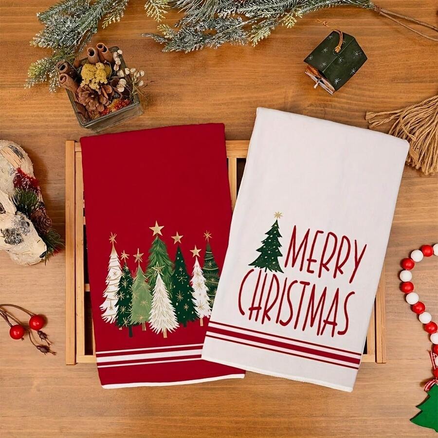 2pcs Minimalist Christmas Tree Kitchen Dish Towels, Merry Christmas Letter Print Napkins, Holiday Winter Home Decor Tea Towels
