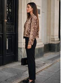 Women's Leopard Print Shacket, Lapel Collar Long Sleeve, With Faux Pockets, Regular Length Autumn Layering Top - Mocha Brown - View 5