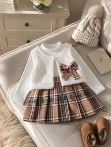 3pcs Baby Girl Gentle Academy Style Plush Plaid Bow Vest + Solid Color Small Stand Collar Long Sleeve Base Layer + Matching Plaid Pleated Skirt Set, Autumn/Winter - Khaki - View 1