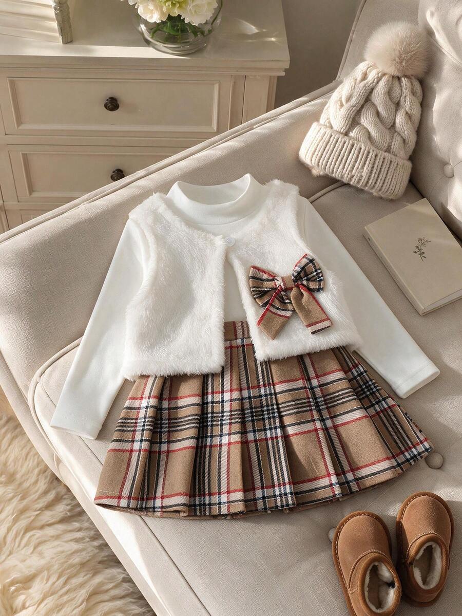 3pcs Baby Girl Gentle Academy Style Plush Plaid Bow Vest + Solid Color Small Stand Collar Long Sleeve Base Layer + Matching Plaid Pleated Skirt Set, Autumn/Winter - Khaki - View 1